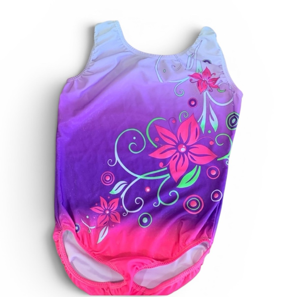 Girls Gymnastics Leotard Pink Purple Sparkle Floral Size 13/14